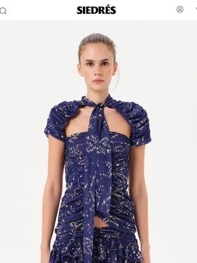 SIEDRÉS Navy Blue Metallic Speckled Ruched Tie-Neck Blouse